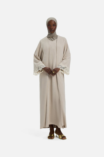 Lace Trim Abaya | Grey Sand