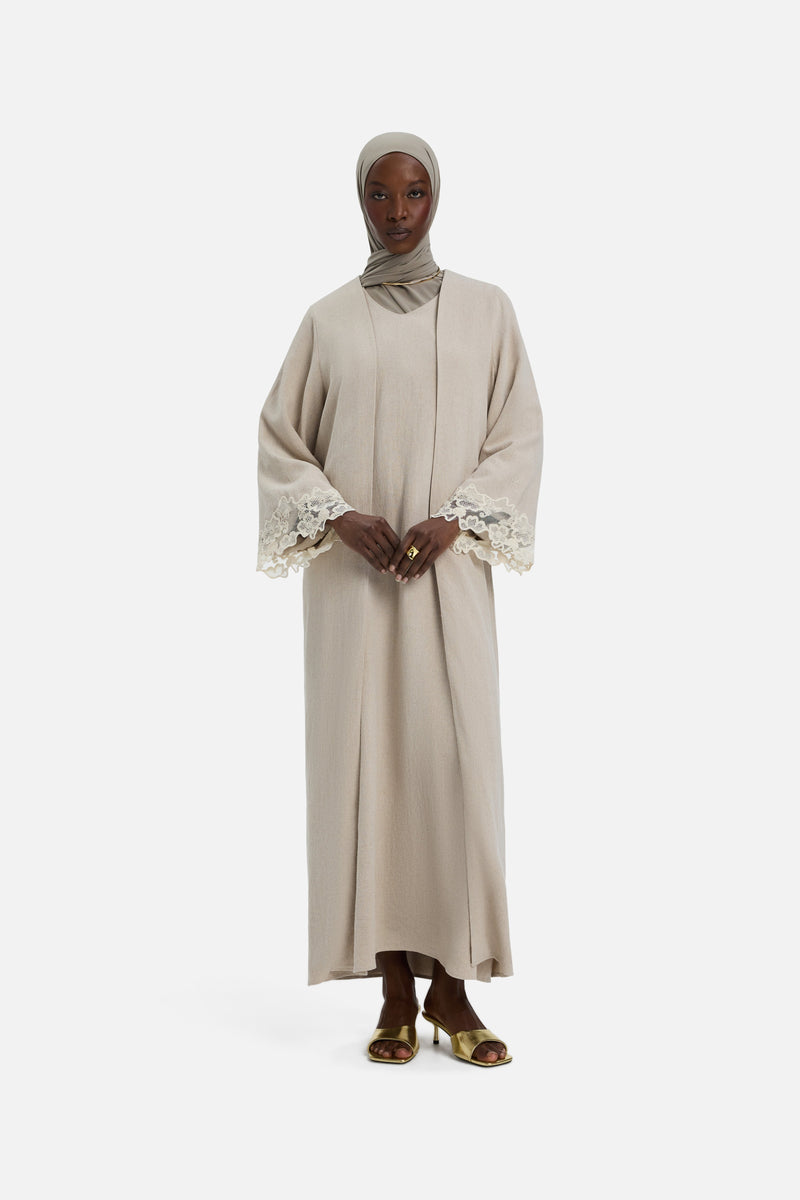 Lace Trim Abaya | Sable gris