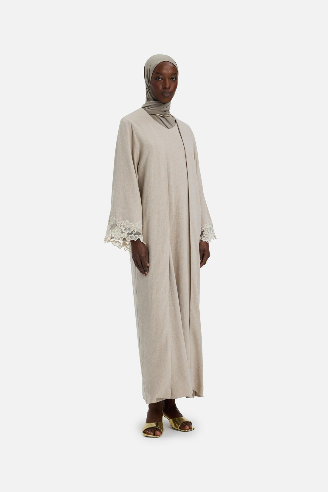 Lace Trim Abaya | Grey Sand