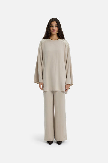 Lace Trim Pantalon | Grey Sand