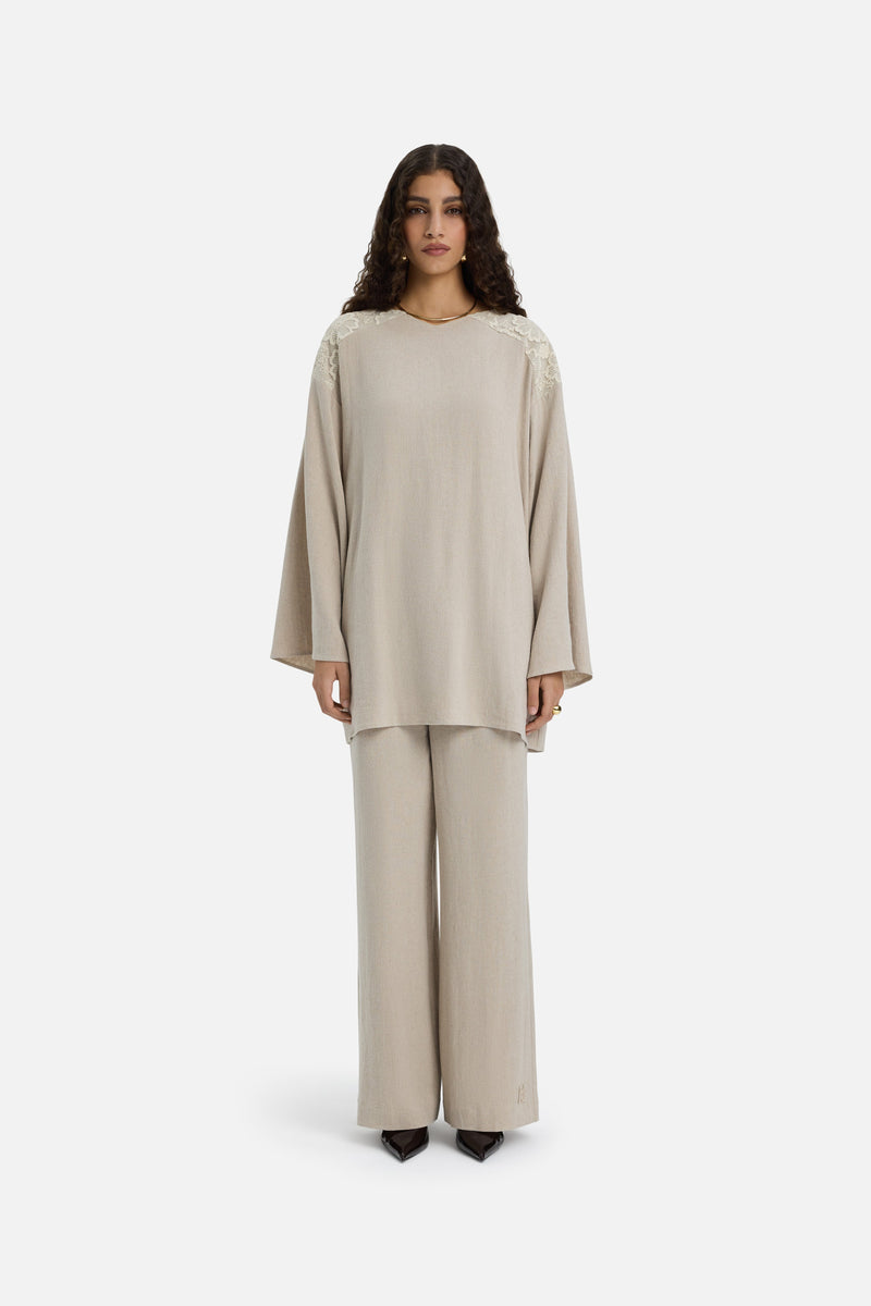 Lace Trim Pantalon | Sable gris