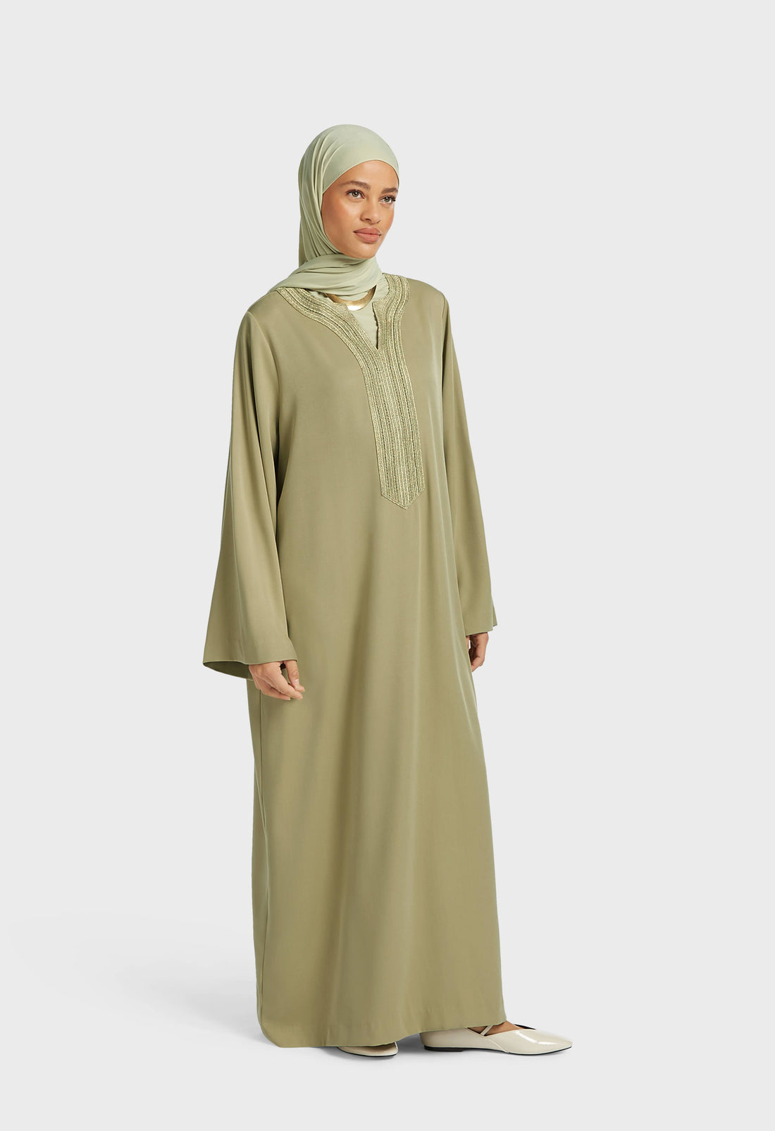 Lurex Embroidered Kaftan Robe | Grey Green