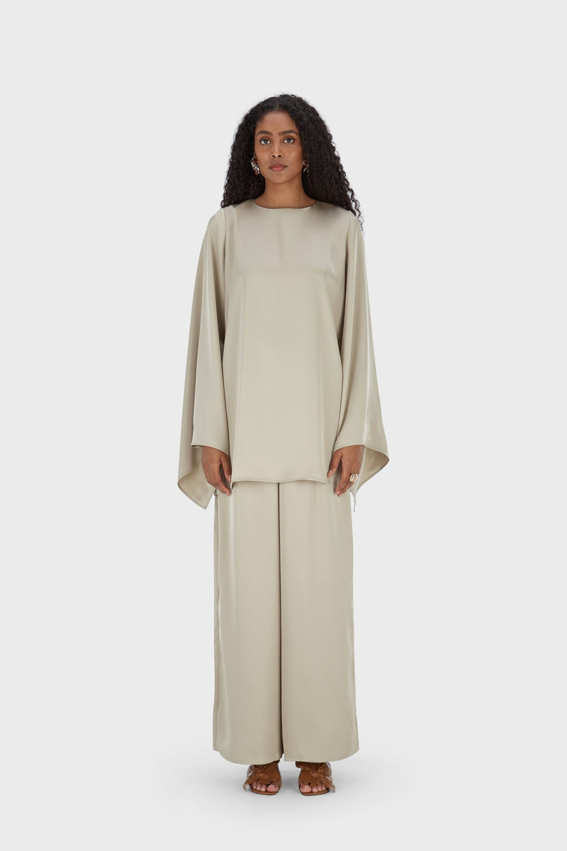 Satin Jambe large Pantalon | Gris mousse