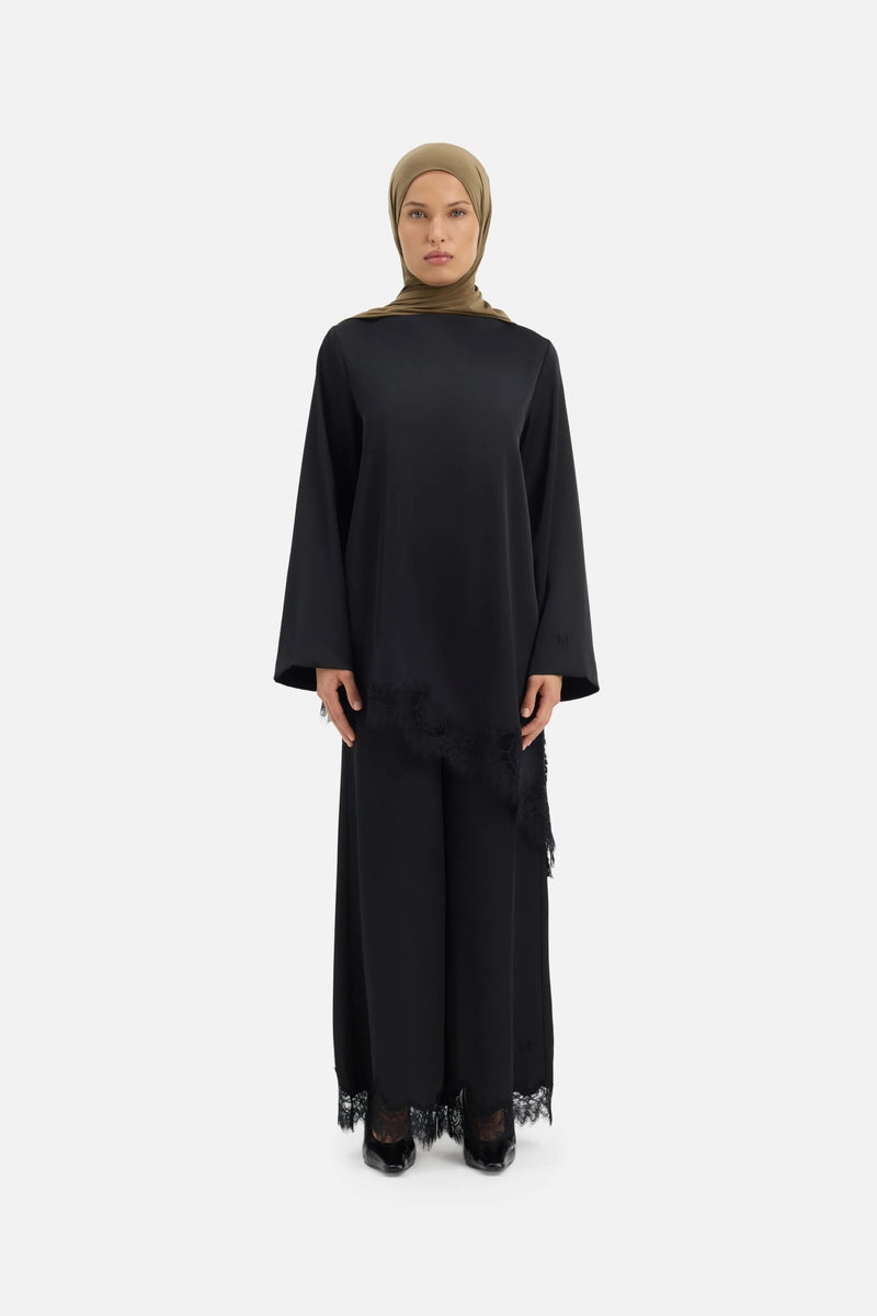 Pantalon satin dentelle | Noir