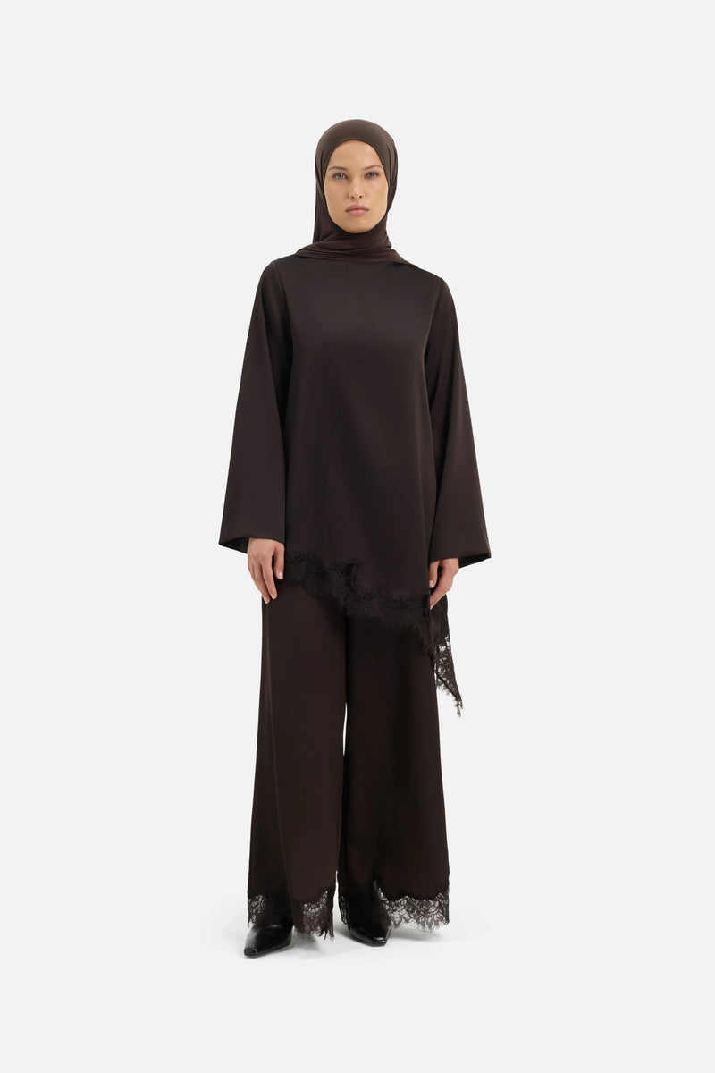 Pantalon satin dentelle | Truffe foncée