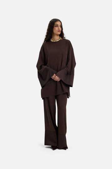 Satin Trim Trouser | Marron foncé