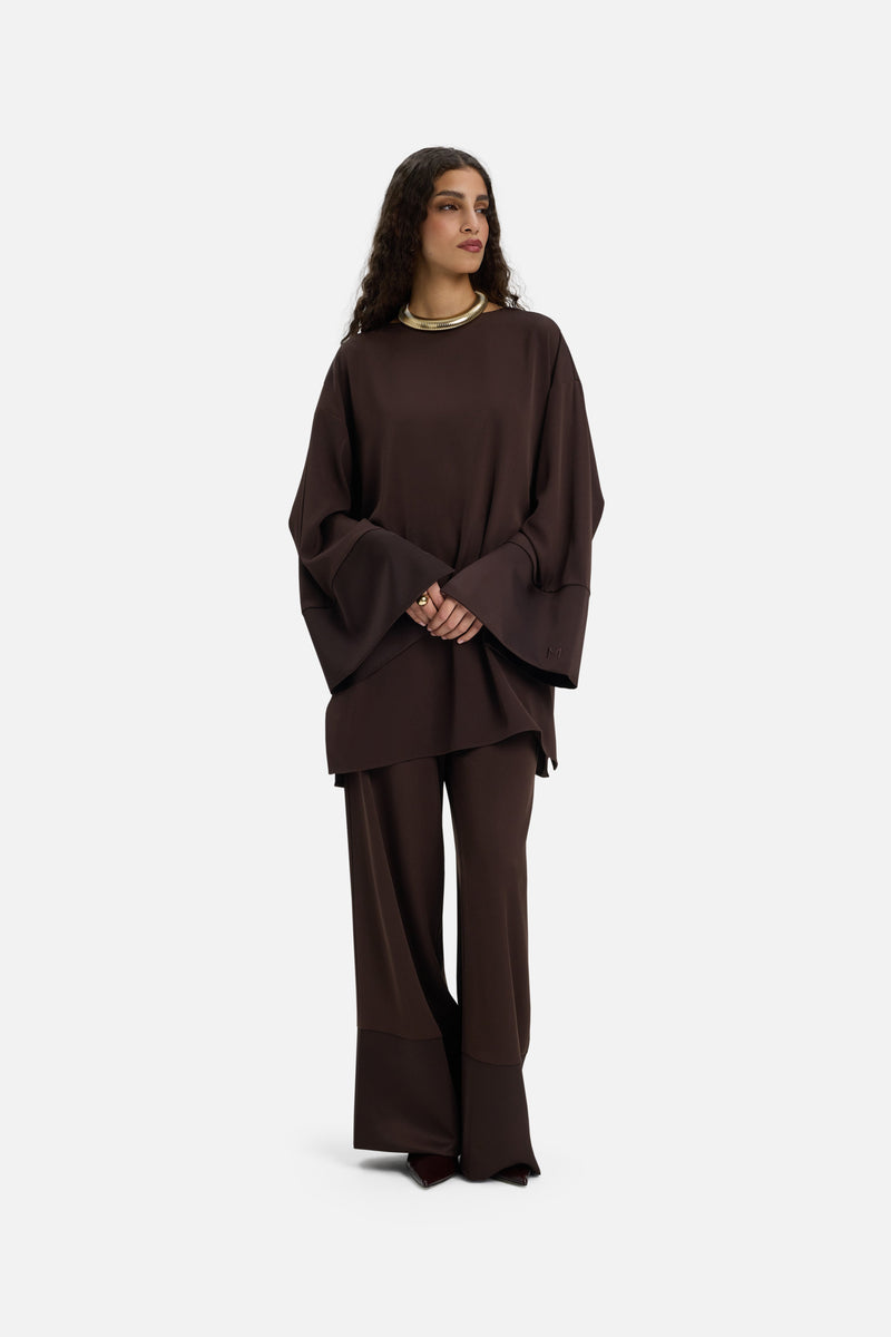 Satin Trim Trouser | Marron foncé