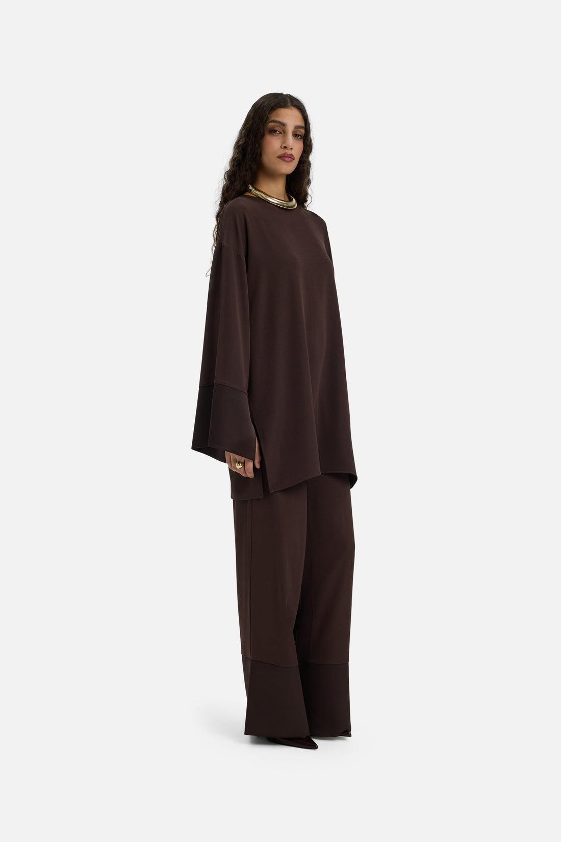 Satin Trim Blouse | Marron foncé